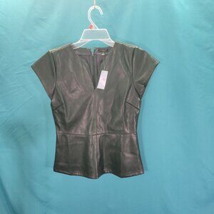 Ann Taylor Petite XSP Womens Faux Leather Top Dark Green